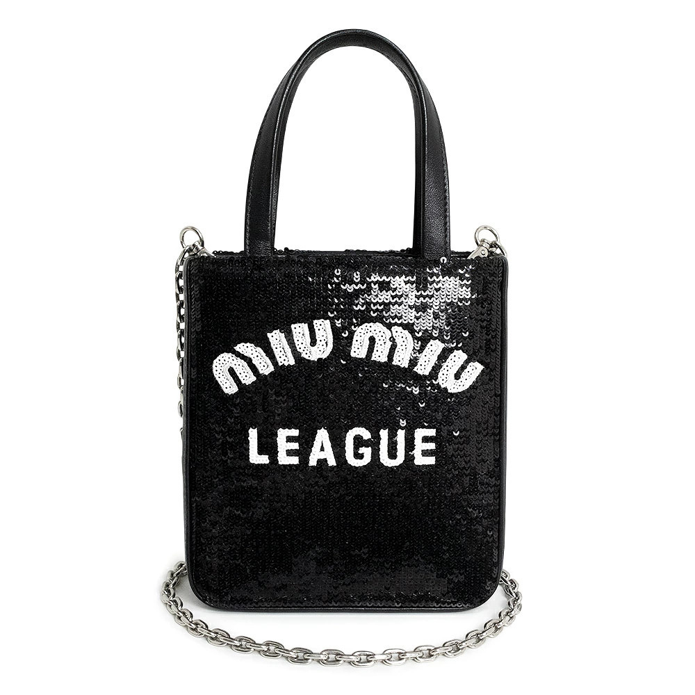 Miu Miu Sequin Chain Tote 2way Crossbody Leather Nero Black